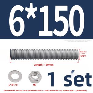 BAIRUITE | Stainless Steel Threaded Rod Nut Set Flat Washer Bolt Wall Screw Cap Long Screw M6-M12