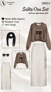 One set Wanita Terbaru ( Sweater Crop + Rok Cargo + Kacamata + Bella Square ) AM124