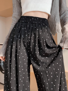 Black Cotton Hemp Polka Dots Yamamoto Pants Womens Summer Thin Elastic High Waist Drooping Straight Casual Wide Leg Mop Pants