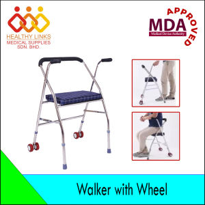 [MDA Approved] Stainless Steel Foldable Height Adjustable Walker with Wheel and Seat