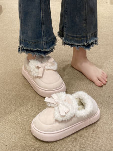 Fleece-lined Heattech Indoor and Outdoor Ankle Wrap Cotton Shoes Womens Winter New Arrival Cute Bows Non Slip Thick-Soled Cotton Slippers