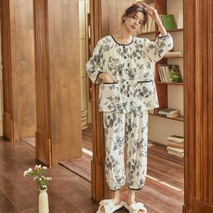 Miiow | Cat Woman Summer Thin Casual Sleepwear With Chest Pad Large Size Outdoor Wearable Long Sleeve Plant Floral Print Open Cardigan