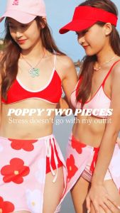 ชุดว่ายน้ำลายดอกไม้ 100% 1 ชุด 3 ชิ้น รูปทรง กระโปรงปิดต้นขา