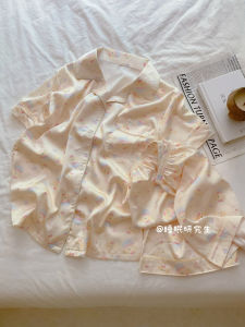 ชุดนอนผ้าไหมน้ำแข็งสำหรับผู้หญิงในฤดูร้อน ชุดนอนผ้าฝ้ายคอตตอนนุ่มสบาย แขนสั้น กระโปรงสั้น สไตล์การ์ตูน ใส่ไปข้างนอกได้