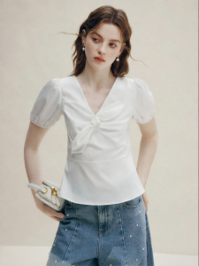 FAMANXUAN | 3D Bow Tie Puff Sleeve V-Neck Fitted Shirt