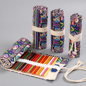 Handmade Pencil Roll Bag Ethnic Style 36 Holes Roll Paint Brush Pen Bag Colour Canvas Canvas Pen Curtain