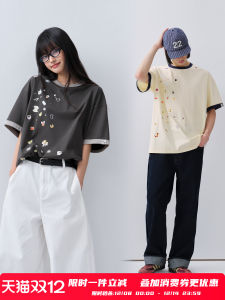 PSO Brand Couples T-Shirts Short Sleeve Color Block Loose Fit Cute Sticker Style Summer Casual Cotton Polyester Blend