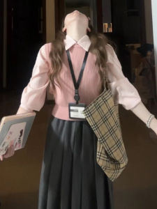 ชุดเดรสฤดูใบไม้ร่วงสไตล์วิทยาลัย ชุดเดรสยาว ชุดสองชิ้น สีพื้น รัดเอว ผ้าโพลีเอสเตอร์ คอโปโล แขนยาว ทรงเอ สำหรับผู้หญิง