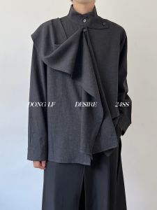 New Chinese Style Retro Half High Collar Long Sleeve Shirt Genderless Splice Design Sensation Sash Towel National Style Mens Shirt