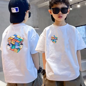 Cotton Printed T-shirt Top For Kids Boy 5-16yrs Formal Summer Short Sleeve Shirt Korean Style Casual Street Style Fashion Cotton Top New Cartoon Rubiks Cube Pattern Design