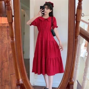 Summer New Purple Bow Tie Doll Collar Slimming Midi Dress Long Skirt Pleated Short Sleeve Womens Fashion Commute Dress