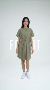 Forest Ladies Cotton Linen Band Collar Short Sleeve Drawstring Shirt Dress - 885099