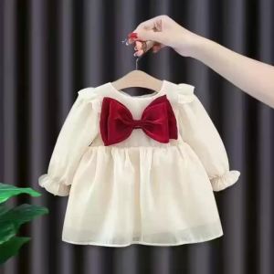 Baby Girl Cute Costume Fall 2024 Children Mesh Cotton Dress with Long Puff Sleeve Princess Dresses Spring Bow Dress for Girls