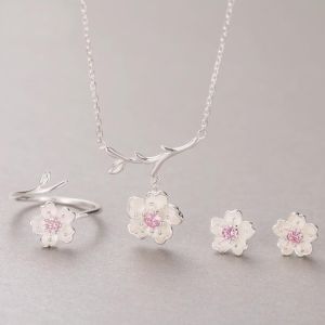 Elegant Pink Cherry Blossom Flower Cubic Zirconia Jewelry Sets for Women Floral Necklace Bracelet Earring Ring Wedding Jewelry