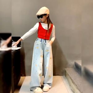 Jeans for Kids Girls Embroidered Jeans Pants for Kids Gilrs High Waist Wide Legs Elastic Waist 130-160cm