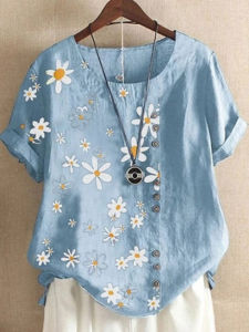 Summer 2025 plus Size round Neck T-Shirt Retro Cotton Linen Print Loose Slimming Linen Casual Shirt Korean Style Commute Flower Pattern