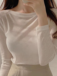 Spring and Autumn White Modal Thin Long Sleeves Mask T-Shirt Womens off-Shoulder Inner Bottoming Shirt Shoulder Clavicle Top