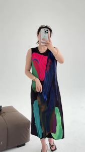 93876 One Size (45-75kg) Summer Sleeveless Printed Vest WomenS Pleated Thick Slimming And Straight Dress