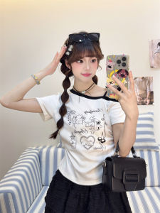 Hand-Painted Print T-Shirt Womens Summer New Style Sweet-and-Spicy Oblique Collar Shoulder-Bared Short-Sleeve Waist-Cinched Short-Length Top