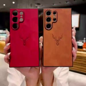 Artificial Leather Matte Phone Back Cover for Samsung Galaxy S26 S25 S22 S21 Ultra S24 S23 FE Note 10 20 Cartoon Deer Head Case