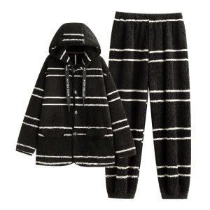 yuenei | Mens Coral Fleece Pajamas Thickened Winter Home Clothes Long Sleeve Button Decoration Sweatpants Warm Casual Wearable Sleepwear