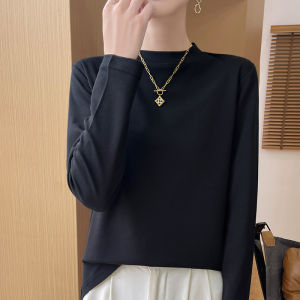 White Loose Long Sleeve T-Shirt Womens Casual Style Silk Luster Stand Collar Base Shirt Inner Wear Cotton Straight Tube Top