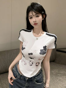 GUZILIAN | Retro American Shoulder T-Shirt Women Short Sleeve Slim Fit Design Sense Arcuate Hem Sweet And Spicy Girl Short Top Summer