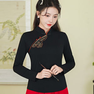 Ethnic Style Womens Long Sleeve T-Shirt Embroidered Large Size Stand Collar Base Shirt Comfortable Cotton Polyester Blend