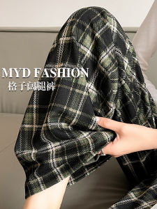 ผ้าตาหมากรุก ผู้หญิง ลำลอง ขากว้าง กางเกง ฤดูใบไม้ผลิ ฤดูร้อน 2024 หลวม Fit Lazy Vintage สไตล์อเมริกัน สูง เอว โพลีเอสเตอร์ Blend