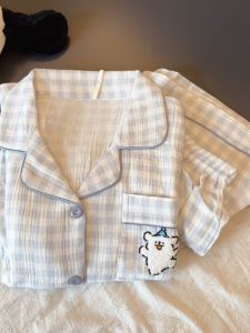 Blue Plaid Bear Summer Lightweight Cotton Pajamas Short Sleeve Shorts Home Clothes Womens Cute Open Cardigan Home Comfortwear