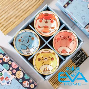 Bộ 6 Chén Sứ Hoạ Tiết Hoạt Hình Thú Cưng Cute Phong Cách Nhật Tặng Kèm 6 Đôi Đũa Tre Cao Cấp