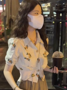 French Floral Print Bubble Sleeve Short Shirt Womens Slim Fit Waist Cinching Summer New Style Online Exclusive Korean Style Shirt