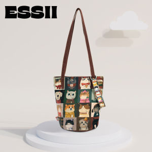 Casual Fashion Bucket Canvas Bag Perfect Cat And Dog Illustration Long Strap Shoulder Bag Artistic Daily Match Soft Fabric