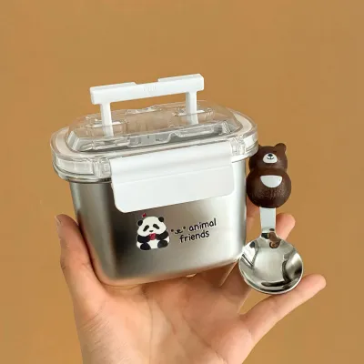 Cute Mini Portable Baby Food Bowl with Lid Small Capacity Cartoon Sealed Lunch Box for Fruits And Rice Simple Design Stainless Steel