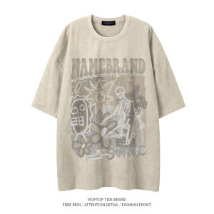 Whxs American Retro Skull Print Suede Couple Short Sleeve Mens Summer Fashion Brand Loose Half Sleeve T-shirt