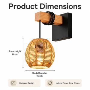 JOYINLED Paper Rope Wall Sconce Hardwired Woven Rattan Wall Light with Wood Arm Boho Bedside Lamp for Bedroom Hallway Fixture