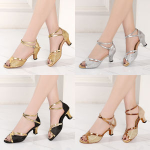 Womens Latin Dance Shoes Soft Bottom Medium Heel Social Dancing Shoes Square Dance Shoes Cha Cha Summer Glitter Leather
