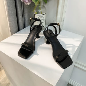 French Style mid Heel Roman Thick Heel Square Head Red High Heels Sandals Womens Fashionable One Strap Slip-On Shoes