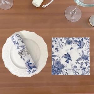 20pcs 33cm 2Layer Chinese Style Blue Flower and Bird Print Party Tissue Decoration Colored Paper Placemat DIY Decoupage Paper
