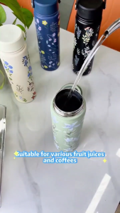 1L thermos 304 stainless steel insulating cup handheld portable literary printing simple hot or cold cup