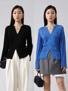 Elegant V-neck Acetate Crepe Sun Protection Top Versatile Texture Fanle Studios Commute Style Long Sleeve T-shirt