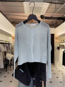 Blue Hollow Ice Silk Knitted Summer Lightweight Cardigan Womens Outerwear with Skirt Strap Thin Coat for Spring/Autumn