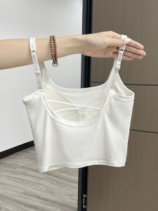 เสื้อกั๊กสายเดี่ยวทรงสี่เหลี่ยมพื้นสีขาวสำหรับผู้หญิงในช่วงฤดูร้อนและฤดูใบไม้ผลิ พร้อมแผ่นเสริมหน้าอกแบบปรับได้ ดีไซน์หลังสวยงาม เสื้อคอวีแขนกุด