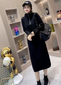 Street Style Organic Cotton Zipper Hooded Dress for Women Long Loose Long Dress Slit Pure Cotton Female Model Autumn Wear