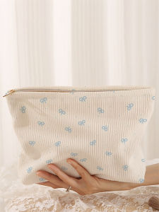 1 corduroy makeup bag with bow pattern light zipper makeup storage box multifunctional bag with lining