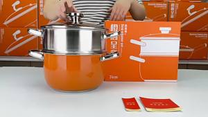 24cm Orange Double Layer Stainless Steel Steamer Pot Multi-function Cooking Soup Pot with Steamer Basket Tempered Glass Lid