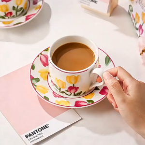 Cabify Ceramic 200ml Luxury Flower Plated Porcelain Cup Gift Set Handgrip Tea Cup Saucers Sets Espresso Coffee Cup Gift