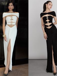 ZS Famous Vietnamese Designer Mooris Stylish Pure Desire Word Raglan Sleeve Cut Out Ribbon Silm Slit Skirt