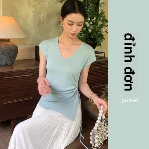 YUEZHONGWEI | Áo thun tay ngắn cổ chữ V màu xanh lam bằng lụa băng cho nữ mùa hè thiết kế ôm vừa vặn ngắn gọn