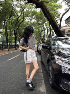 กางเกงขาสั้นผ้าไนลอนเอวสูงสไตล์เกาหลีสำหรับผู้หญิงในช่วงฤดูร้อน กางเกงขาสั้นทรงเอขากว้างแบบลำลอง กางเกงขาสั้นผ้าไนลอนแบบบาง